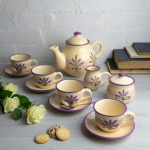 Handcrafted Lavender Floral Ceramic Tea Set with Creamer Sugar Bowl and Large Teapot