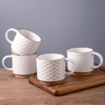 Set of 4 Off White 12 oz Stackable Textured Ceramic Coffee Mugs